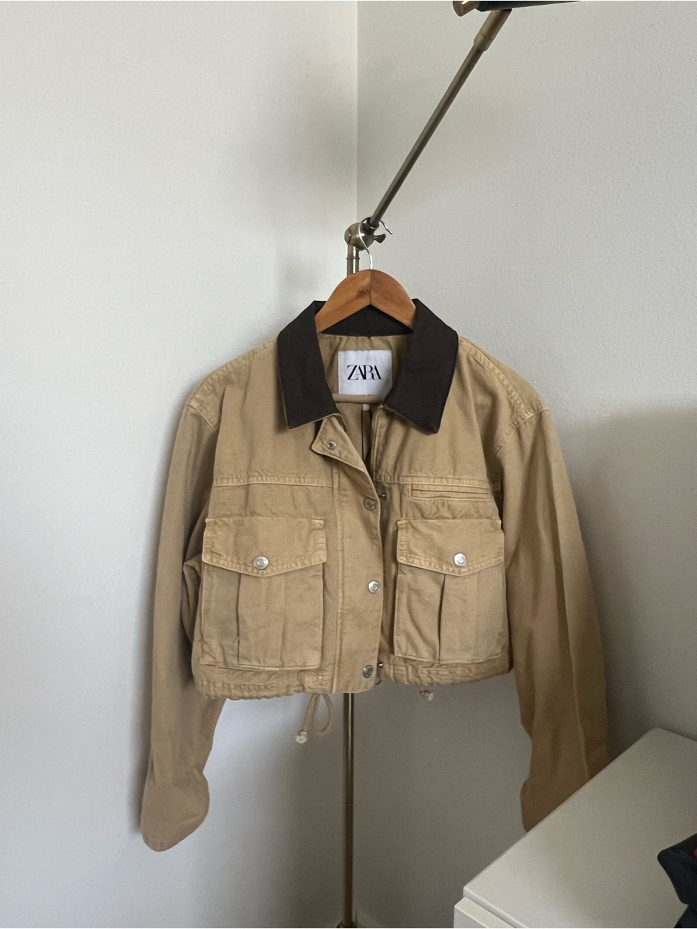 ZARA Tan Cropped Utility Jacket with Dark Brown Collar